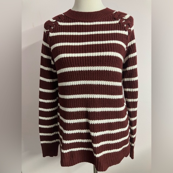 SO Women’s Pullover Sweater, Large, Burgundy/White Stripes, Casual, Knit Stitch - Picture 1 of 7